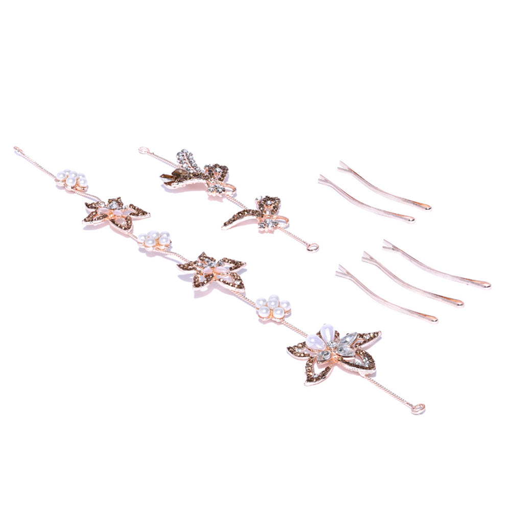 Kord Store Dazzling Rose Gold Plated Pearl and Flower Design Set Of 2 Tiara Combo For Girls and Women  - KSJWLRYCOMBO65