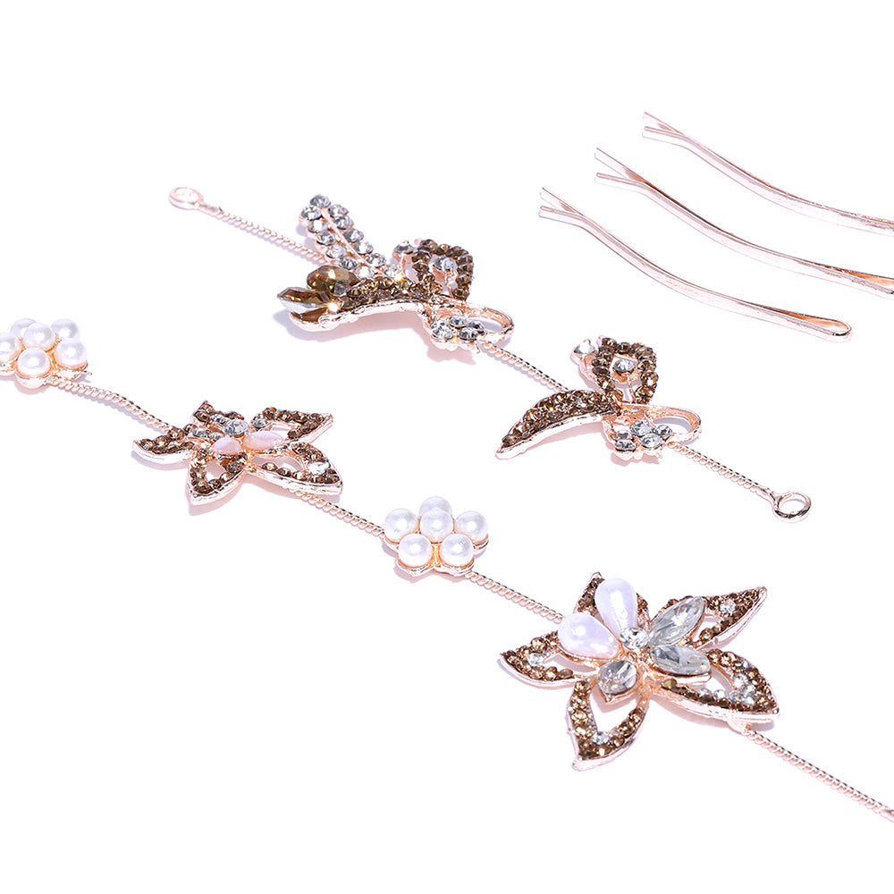 Kord Store Dazzling Rose Gold Plated Pearl and Flower Design Set Of 2 Tiara Combo For Girls and Women  - KSJWLRYCOMBO65