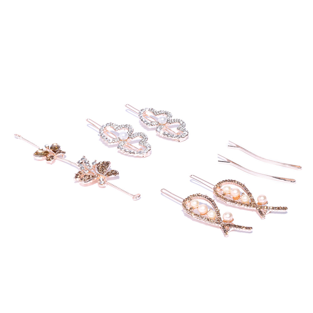 Kord Store Fabulous Rose Gold Plated Stone Leaf Design Set Of 3 Tiara And Hair Pin Combo For Girls and Women  - KSJWLRYCOMBO77