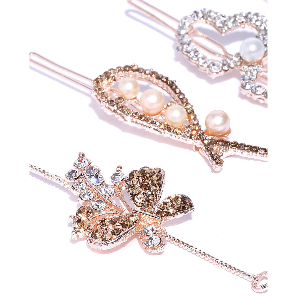 Kord Store Fabulous Rose Gold Plated Stone Leaf Design Set Of 3 Tiara And Hair Pin Combo For Girls and Women  - KSJWLRYCOMBO77
