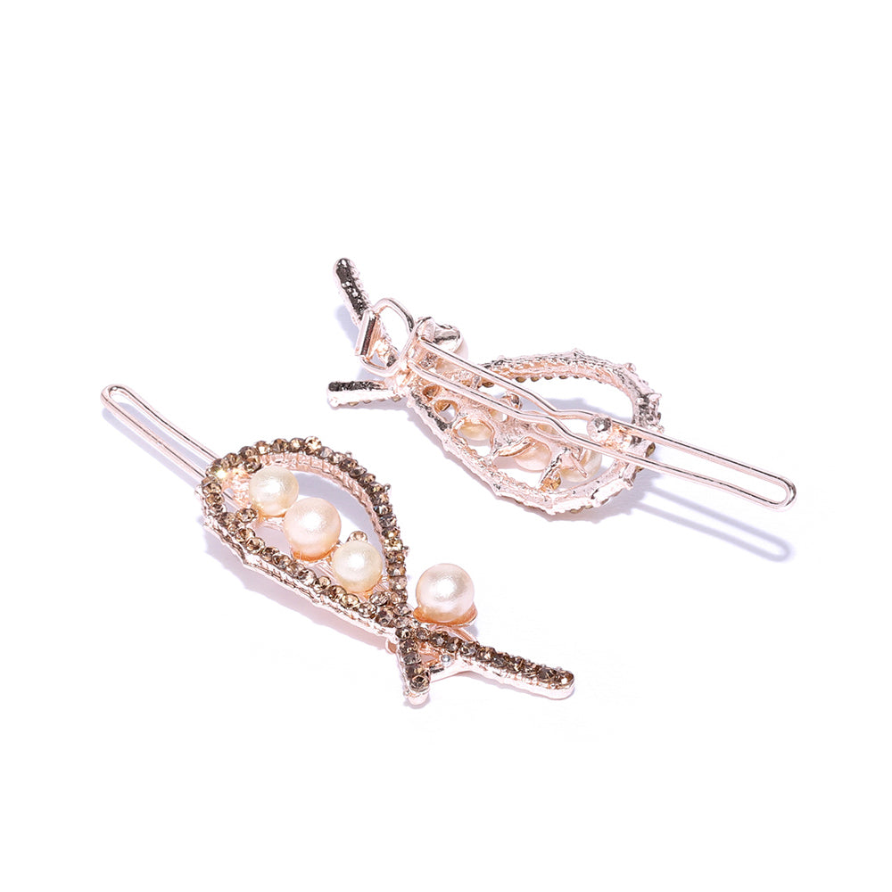 Kord Store Fabulous Rose Gold Plated Stone Leaf Design Set Of 3 Tiara And Hair Pin Combo For Girls and Women  - KSJWLRYCOMBO77