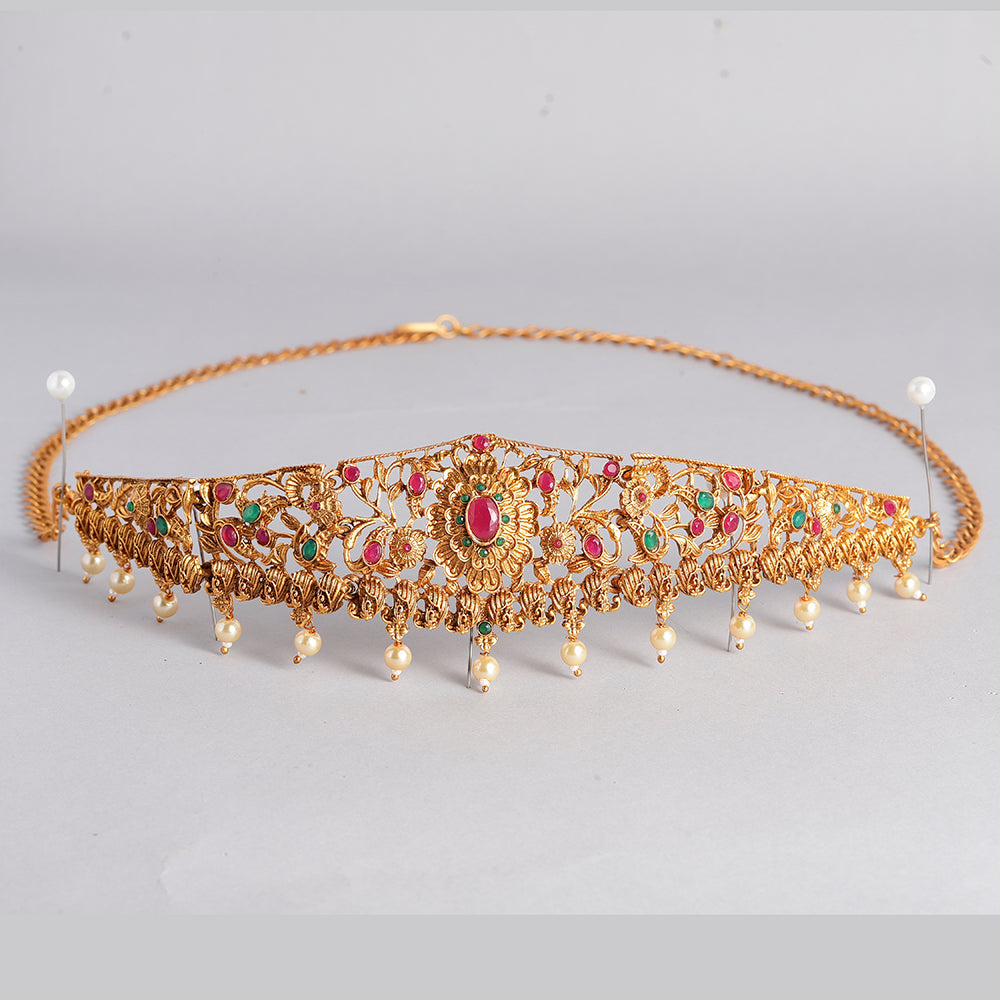 Kord Store South Indian Gold plated Ruby and Pearl Kamarbandh For Girls and Women