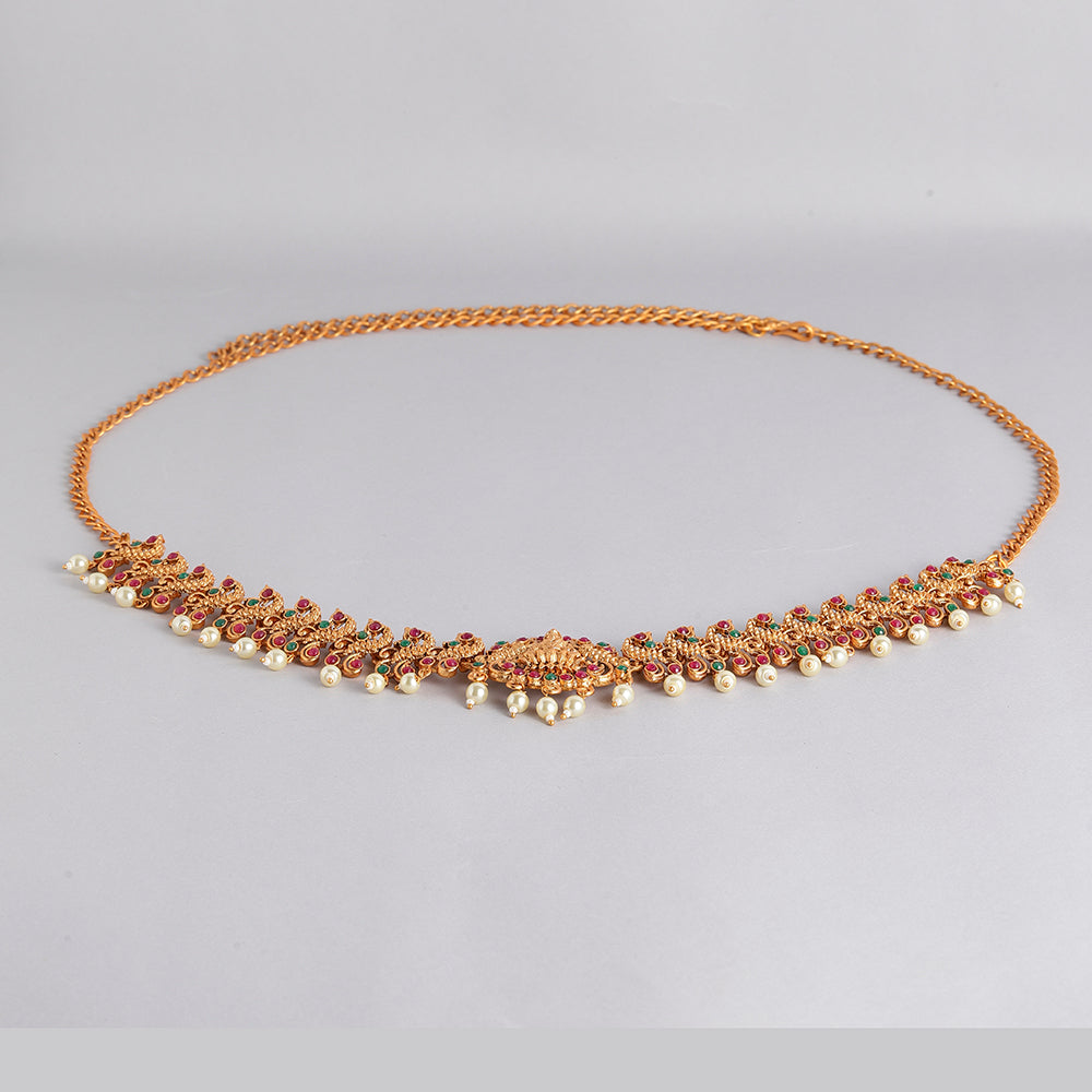 Kord Store Traditional Gold plated Ruby and Pearl Kamarbandh For Girls and Women