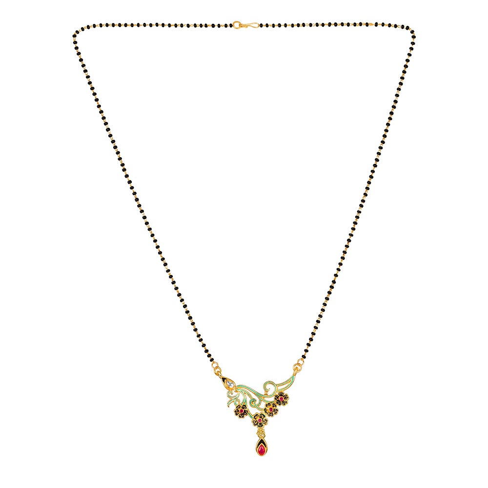 Kord Store Stylish Flower Design Mangalsutra Yellow Gold Plated Wedding Jewellery/Single Line Bead Chain Set (22 Inch)/White & Red Stone Jewelery Set For Women  - KSM90015