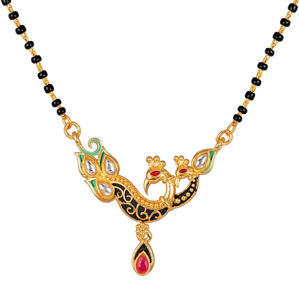 Kord Store "Peacock Style Pendent Mangalsutra" New Design 22Kt Micro Gold Plated Black Beads Chain Pendent Set Wedding Jewellery For Women  - KSM90019