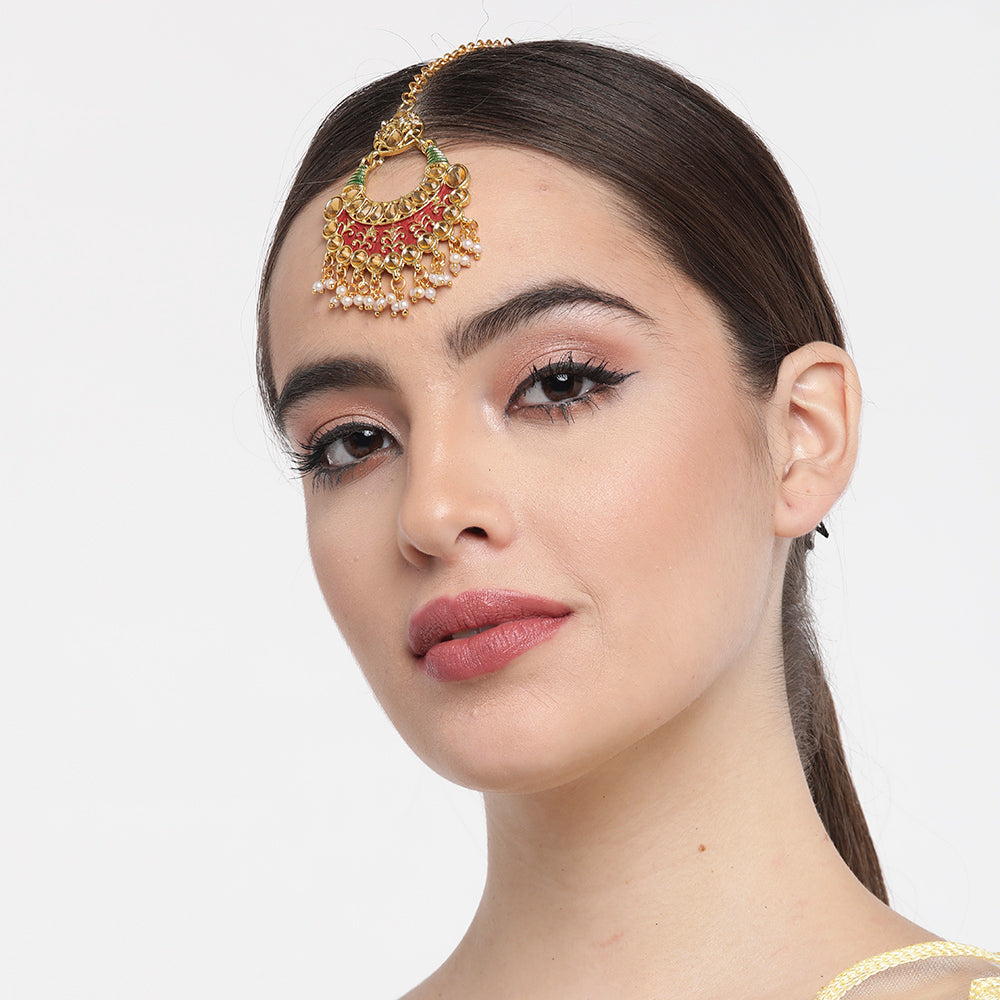 Kord Store Luxurious Gold Plated LCD Stone Chand Shape Maangtikka For Girls and Women  - KSMT13002