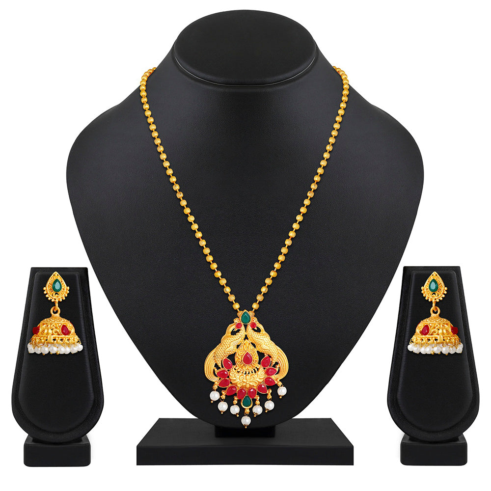 Kord Store Traditional Matinee Peacock Ruby Stone Gold Plated Necklace Set For Women  - KSNKE60001