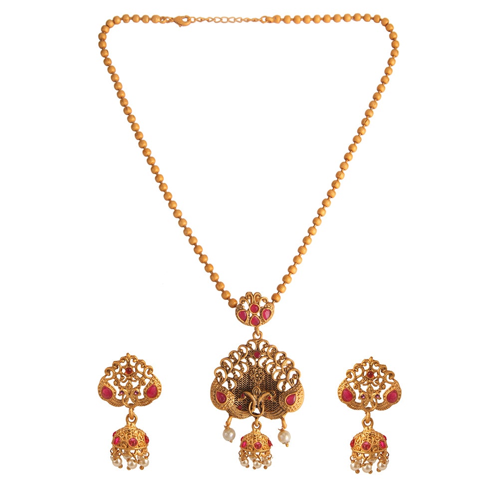 Kord Store Traditional Peacock Ruby Stone Gold Plated Matinee Necklace Set For Women  - KSNKE60002