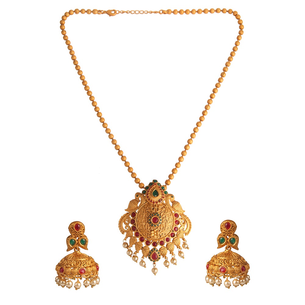 Kord Store Traditional Peacock Multi-Color Stone Gold Plated Matinee Necklace Set For Women  - KSNKE60003