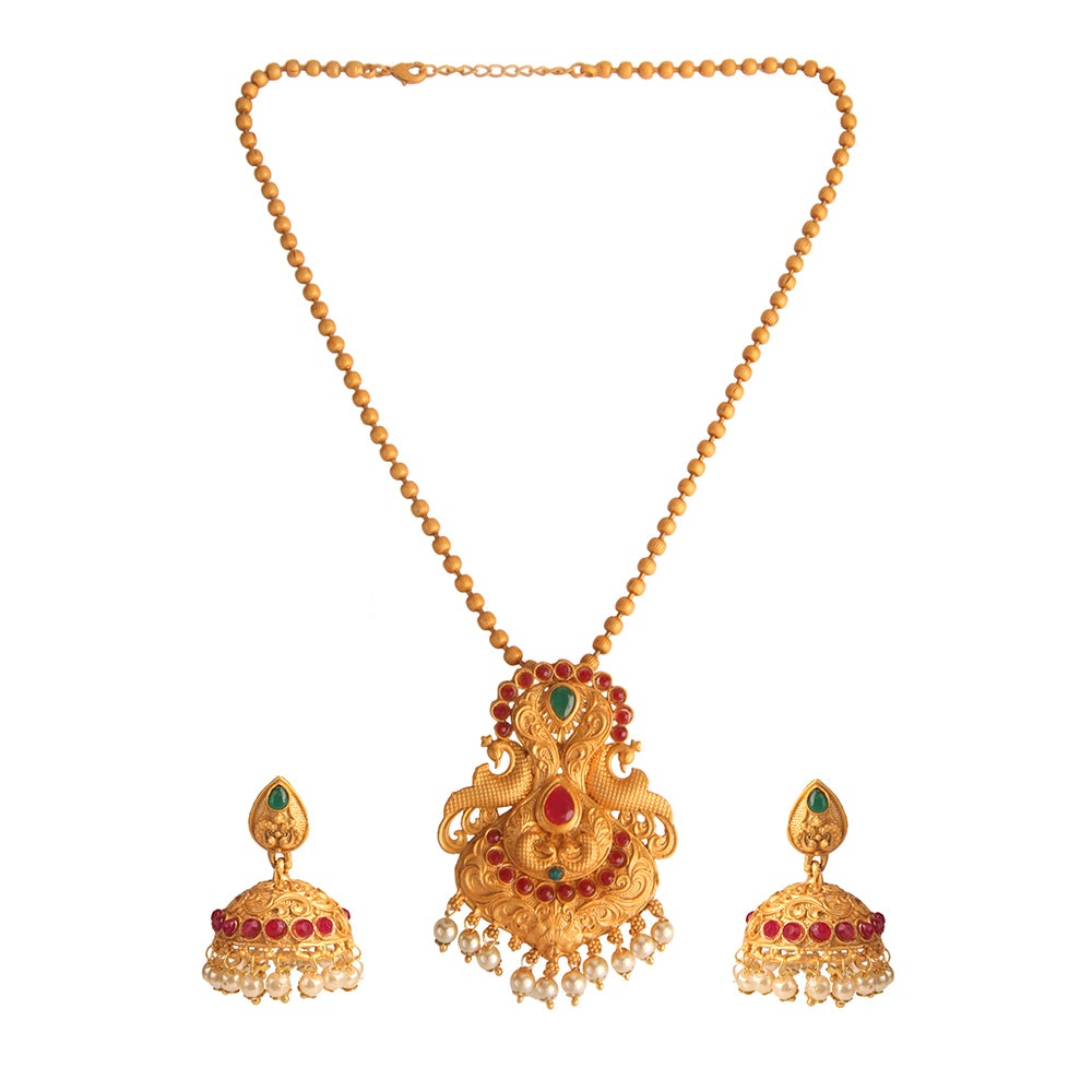 Kord Store Traditional Peacock Ruby & Green Stone Gold Plated Matinee Necklace Set For Women  - KSNKE60004