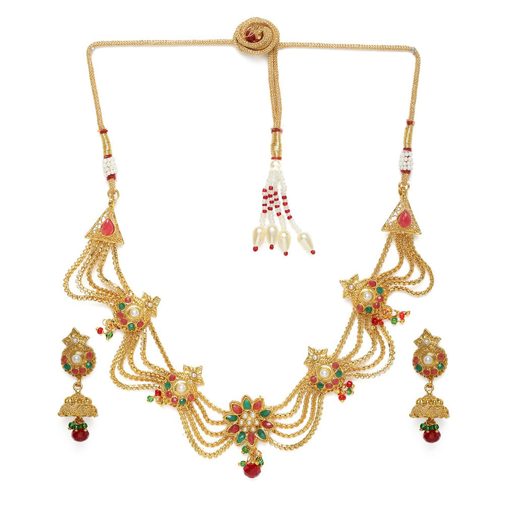 Kord Store 5 String Chain Multi-Color Stone Gold Plated Princess Necklace Set For Women  - KSNKE60011
