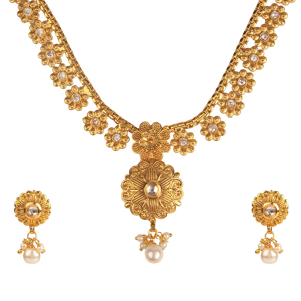 Kord Store Traditional Flower Design Gold Plated Princess Necklace Set For Women  - KSNKE60013