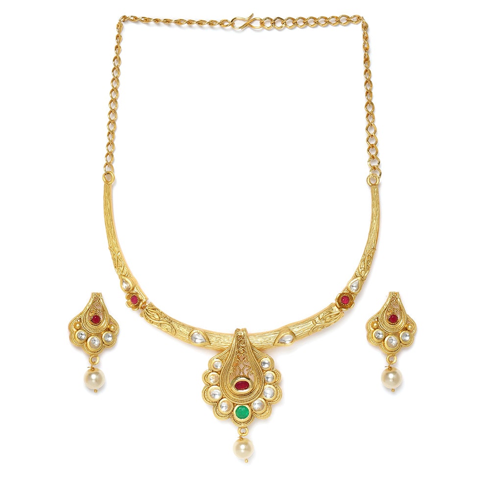 Kord Store Traditional Rajwadi Look Gold Plated Matinee Necklace Set For Women  - KSNKE60026