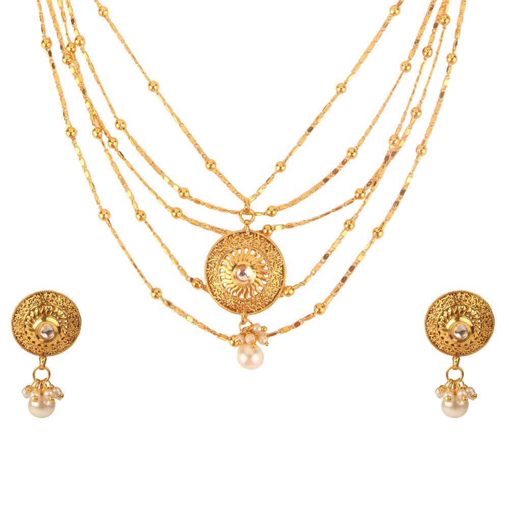 Kord Store Traditional 5 String Chain Round Pendant Gold Plated Princess Necklace Set For Women