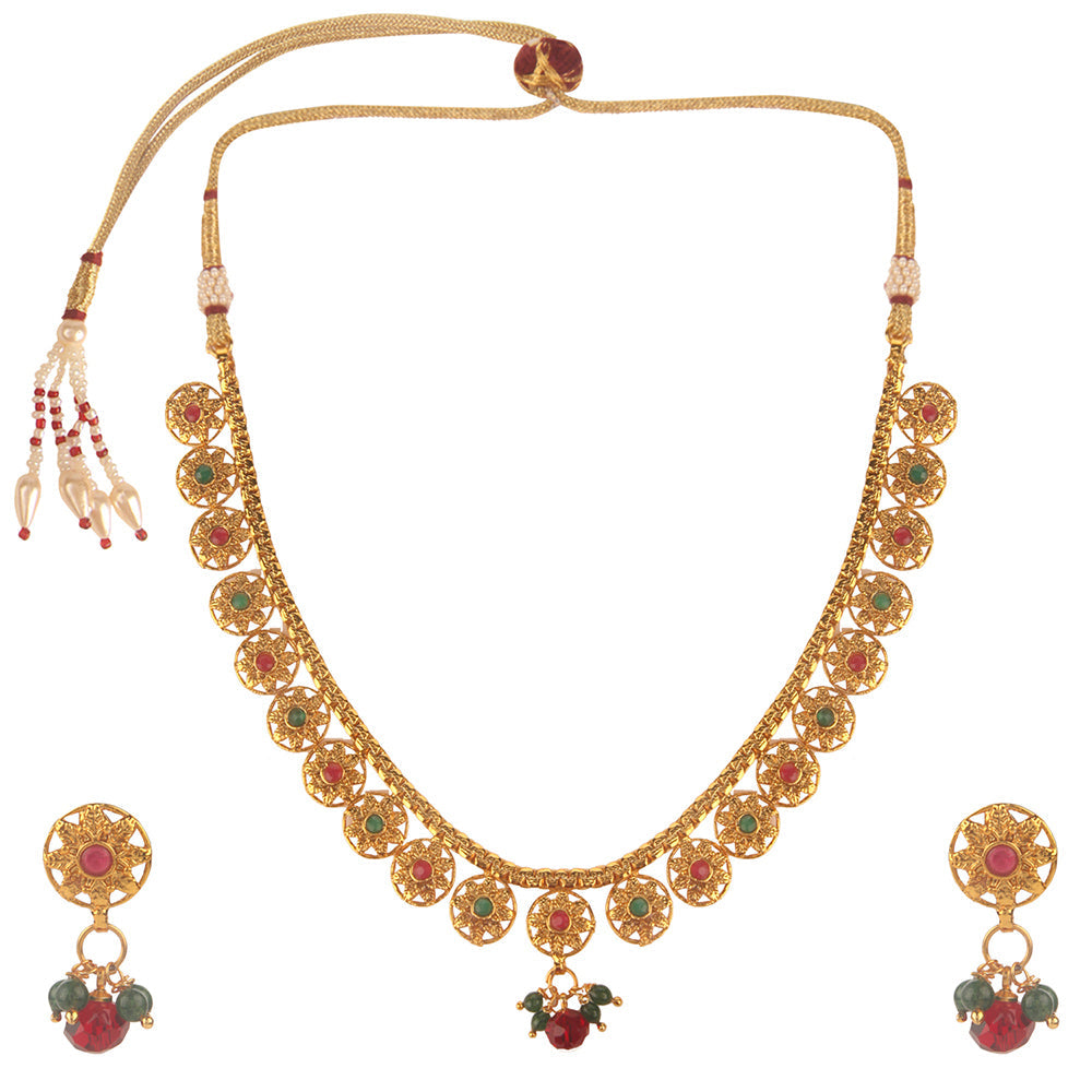 Kord Store Traditional Flower Design Multi-Color Stone Gold Plated Matinee Necklace Set For Women