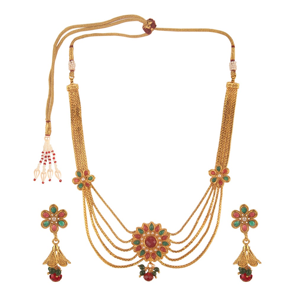 Kord Store Traditional 5 Strings Flower Design Gold Plated Long Haram Necklace Set For Women  - KSNKE60049