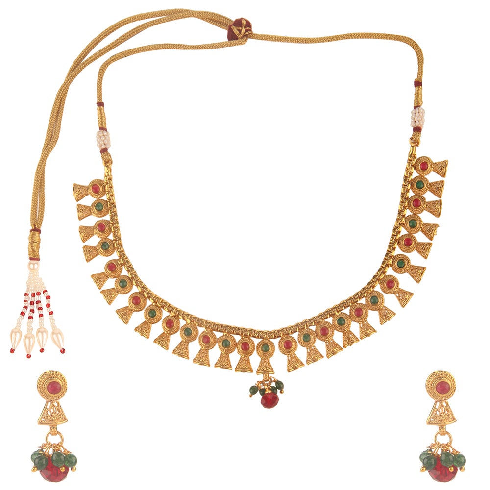 Kord Store Traditional Designer Multi-Color Stone Gold Plated Matinee Necklace Set For Women  - KSNKE60051