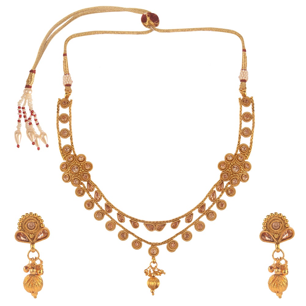 Kord Store Traditional 2 Strings Chain Lct Stone Gold Plated Matinee Necklace Set For Women  - KSNKE60052