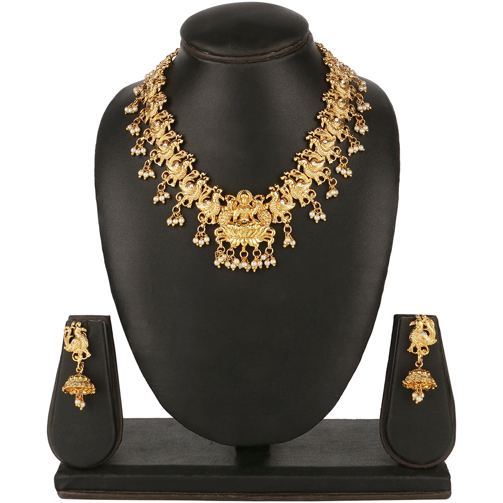 Kord Store Traditional Peacock Laxmi Latkan Pearl Gold Plated Matinee Necklace Set For Women  - KSNKE60060