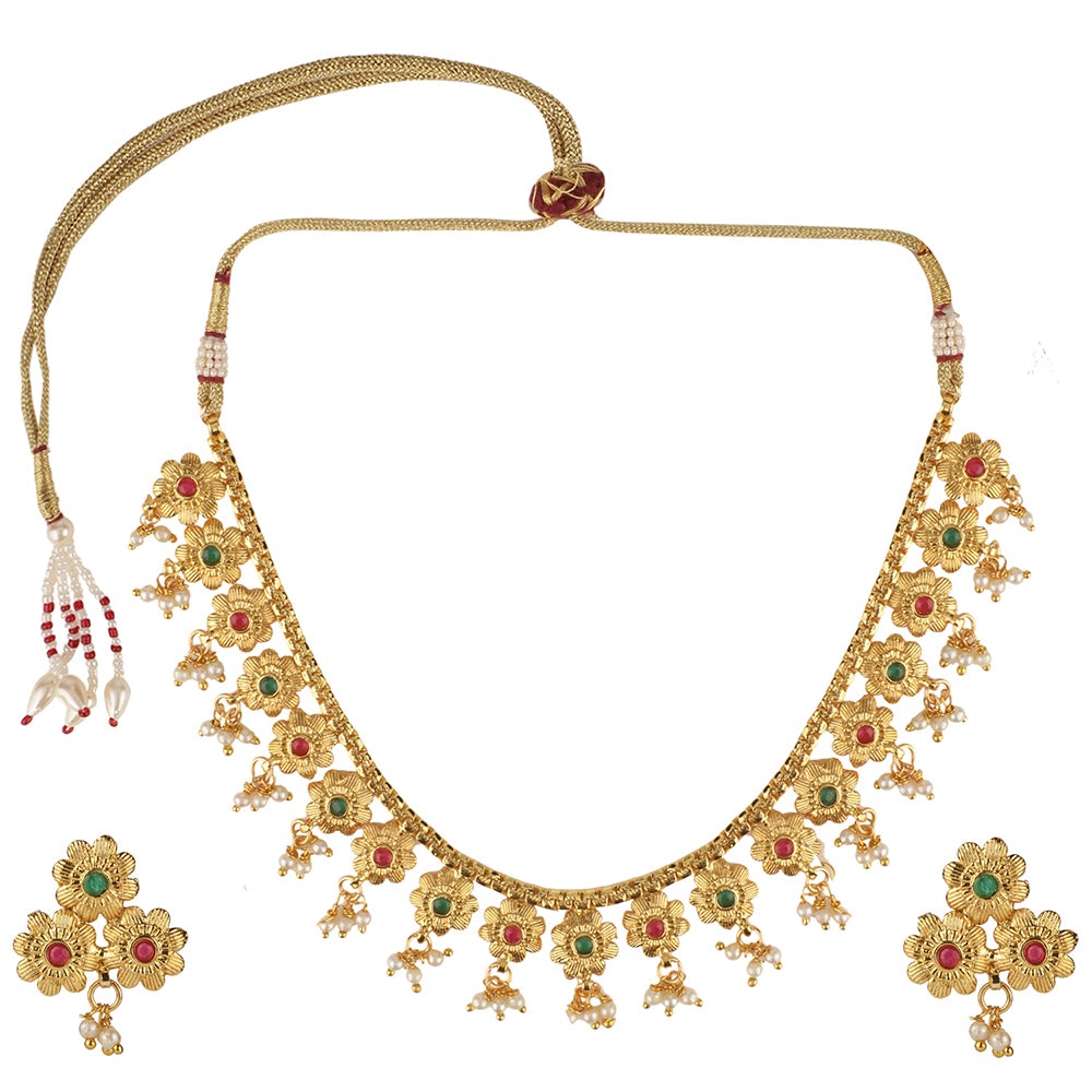 Kord Store Traditional Flower Design Latkan Pearl Gold Plated Matinee Necklace Set For Women  - KSNKE60065
