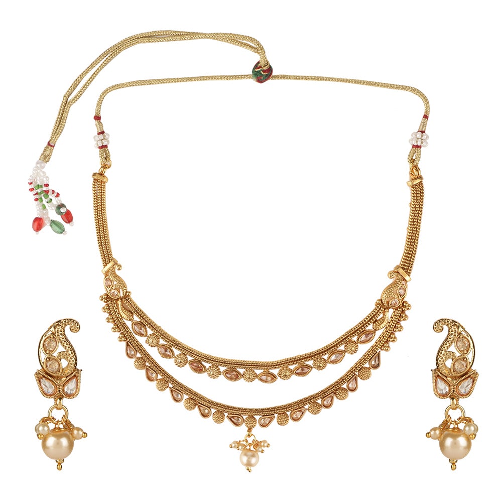 Kord Store Traditional 2 String Chain Lct Stone Gold Plated Choker Necklace Set For Women  - KSNKE60067