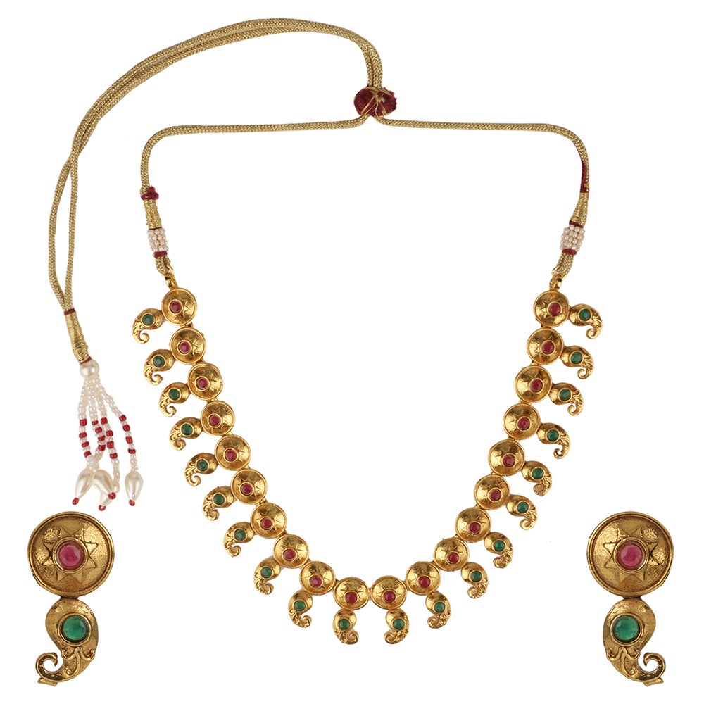 Kord Store Traditional Paisley Design Multi-Color Stone Gold Plated Matinee Necklace Set For Women  - KSNKE60068