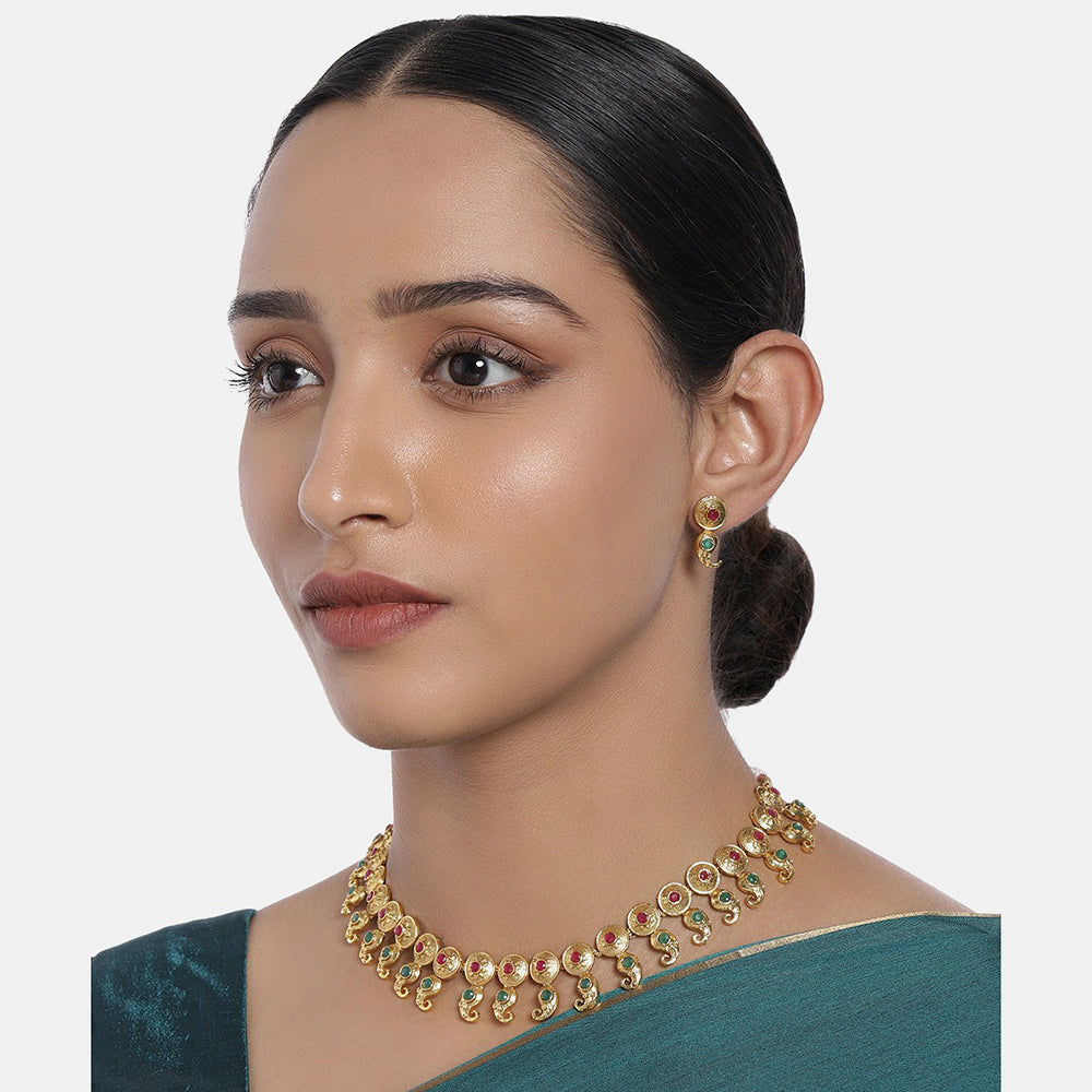Kord Store Traditional Paisley Design Multi-Color Stone Gold Plated Matinee Necklace Set For Women  - KSNKE60068
