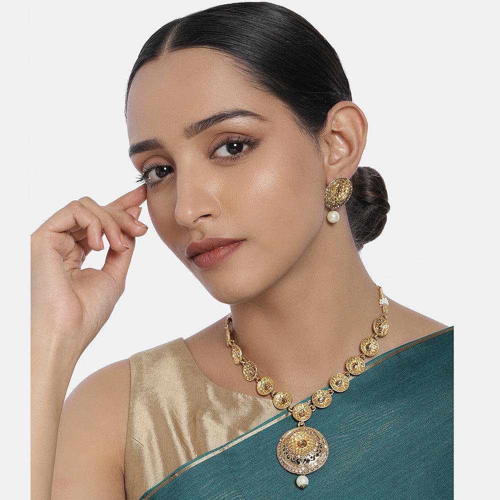 Kord Store Traditional Astonish Lct Stone Gold Plated Matinee Necklace Set For Women  - KSNKE60082