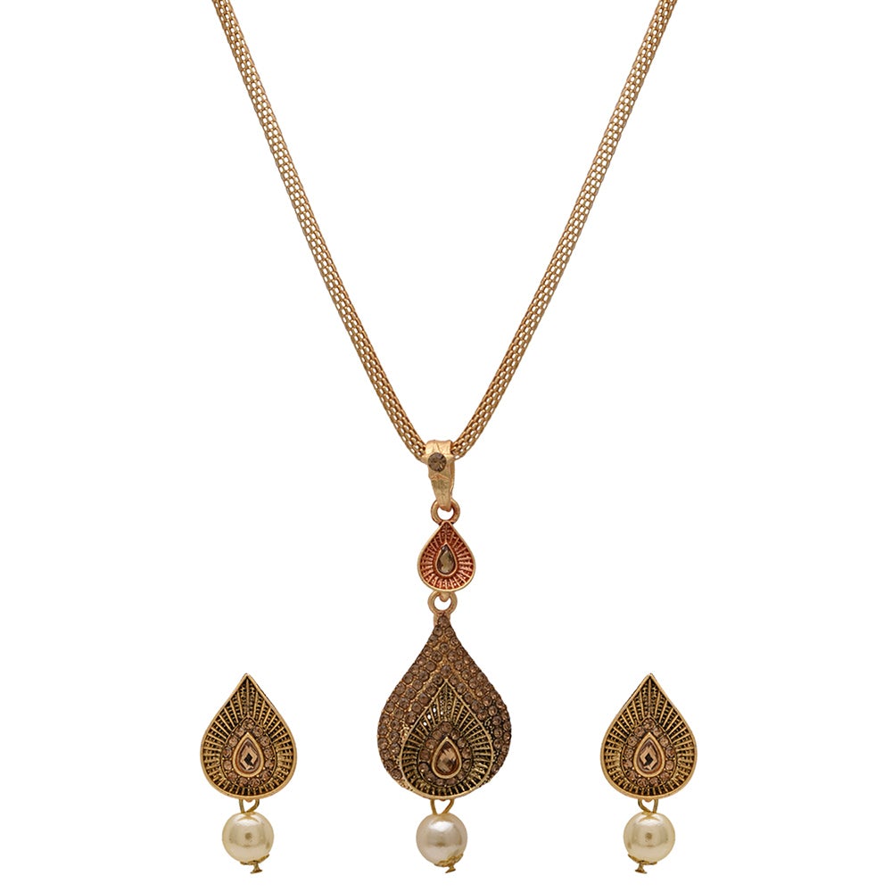 Kord Store Attractive Paan Shape Lct Stone Gold Plated Long Haram Necklace Set For Women  - KSNKE60088