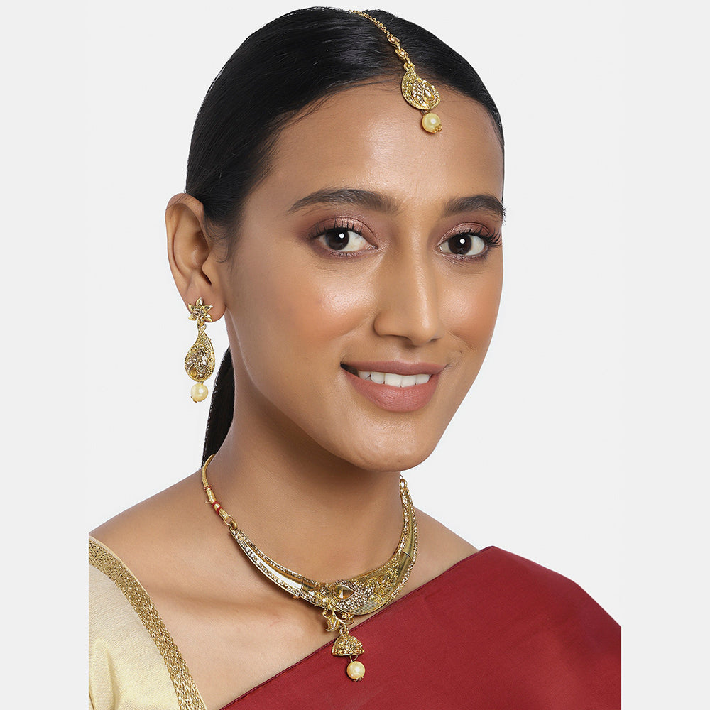 Kord Store Rajwadi Look Flower Design Lct Stone Gold Plated Choker Necklace Set For Women  - KSNKE60095