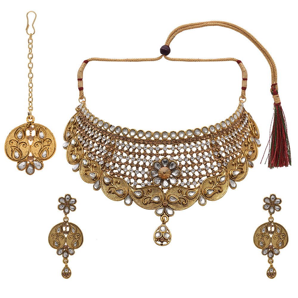 Kord Store Appealing Traditional Ad Stone Bridal Gold Plated Choker Necklace Set For Women  - KSNKE60107