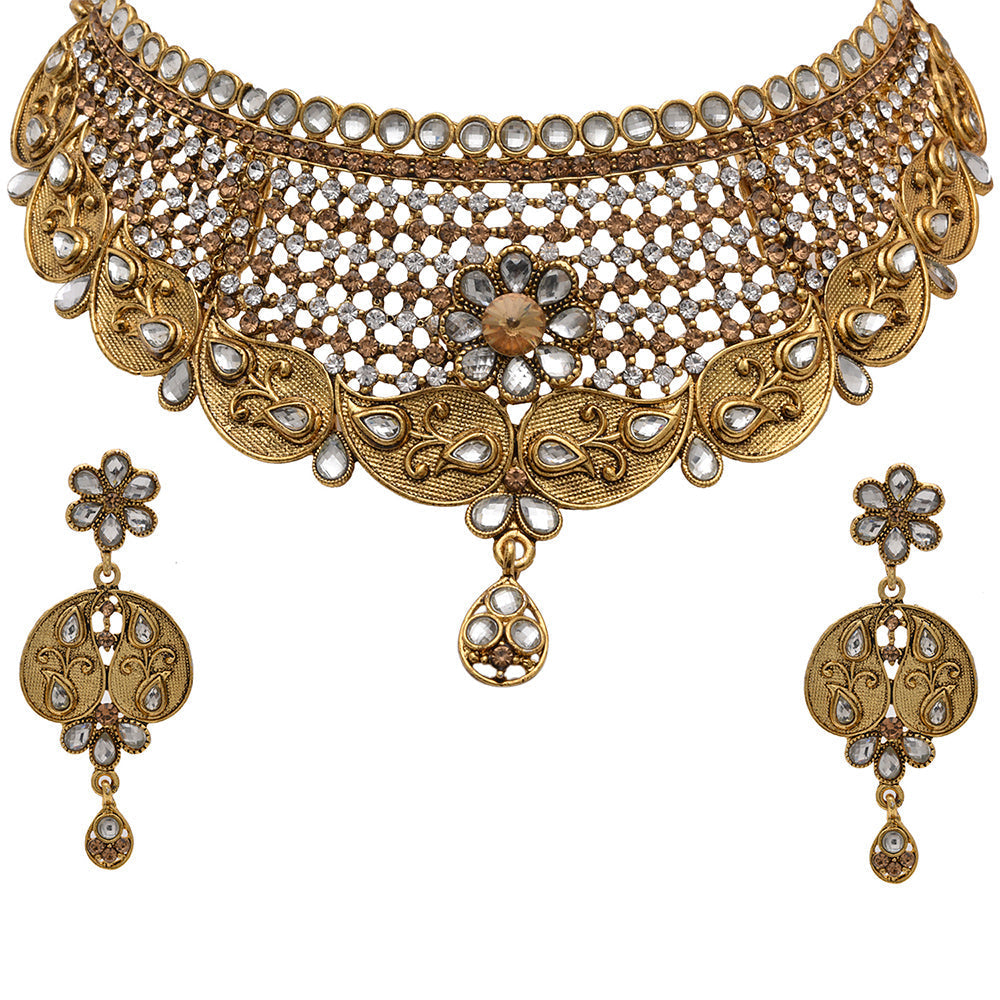 Kord Store Appealing Traditional Ad Stone Bridal Gold Plated Choker Necklace Set For Women  - KSNKE60107