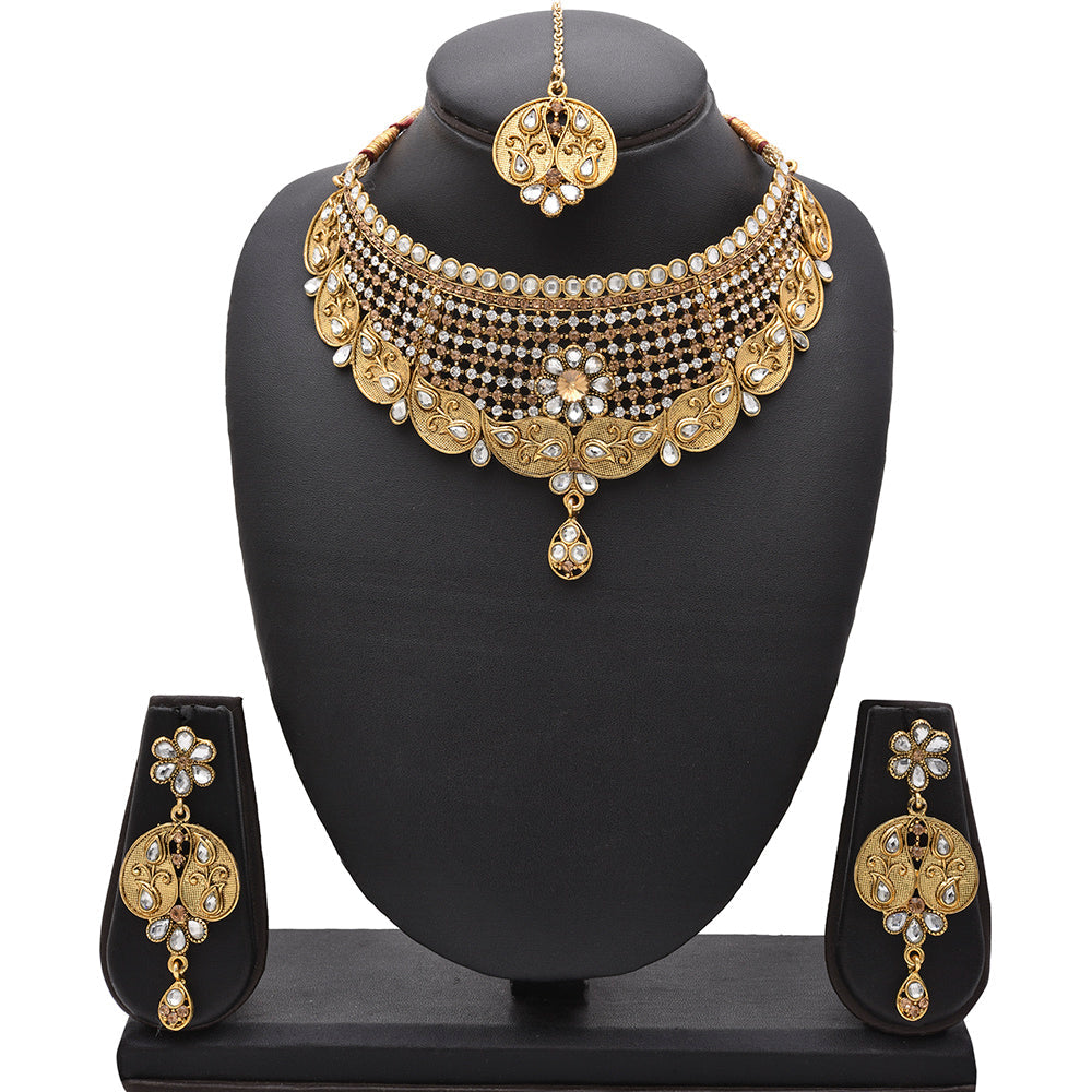 Kord Store Appealing Traditional Ad Stone Bridal Gold Plated Choker Necklace Set For Women  - KSNKE60107