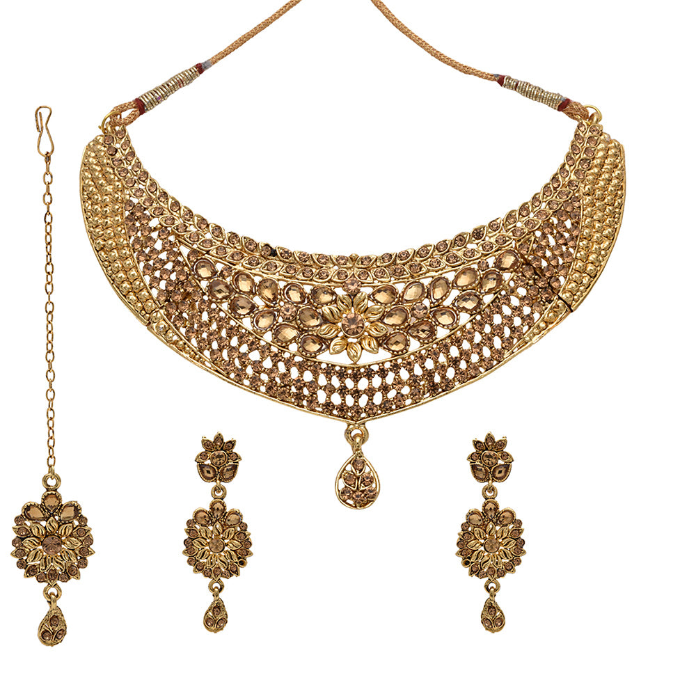 Kord Store Traditional Designer Flower Shape Lct Stone Gold Plated Choker Necklace Set For Women  - KSNKE60122