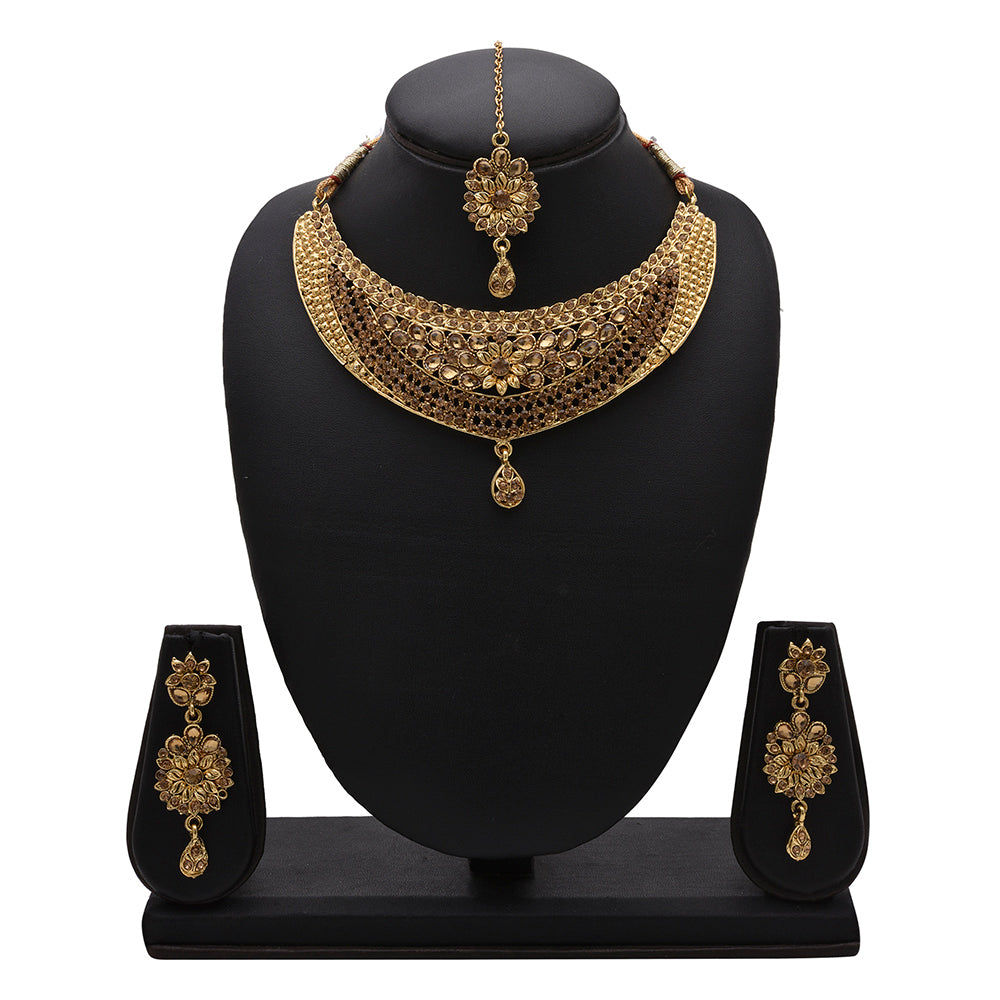Kord Store Traditional Designer Flower Shape Lct Stone Gold Plated Choker Necklace Set For Women  - KSNKE60122