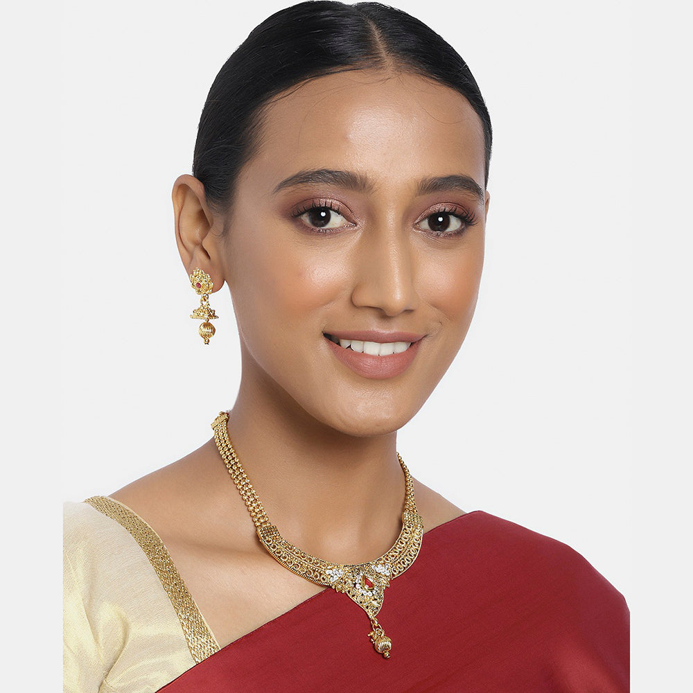 Kord Store Traditional Leaf Design Lct Stone Gold Plated Princess Necklace Set For Women  - KSNKE60126