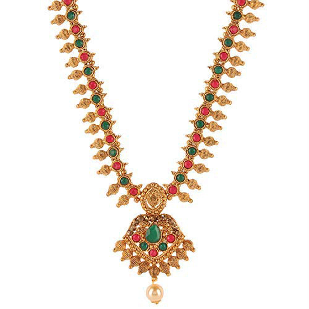 Kord Store Traditional Designer Multi-Color Stone Gold Plated Long Haram Necklace Set For Women  - KSNKE60130