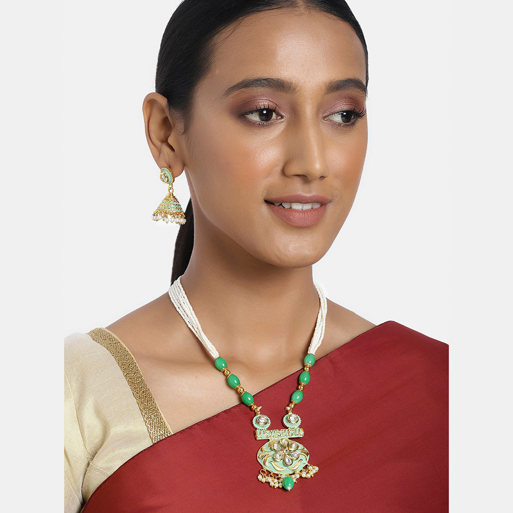 Kord Store Designer Pearl Lariyat Meenakari Kundan Gold Plated Long Haram Necklace Set For Women  - KSNKE60132