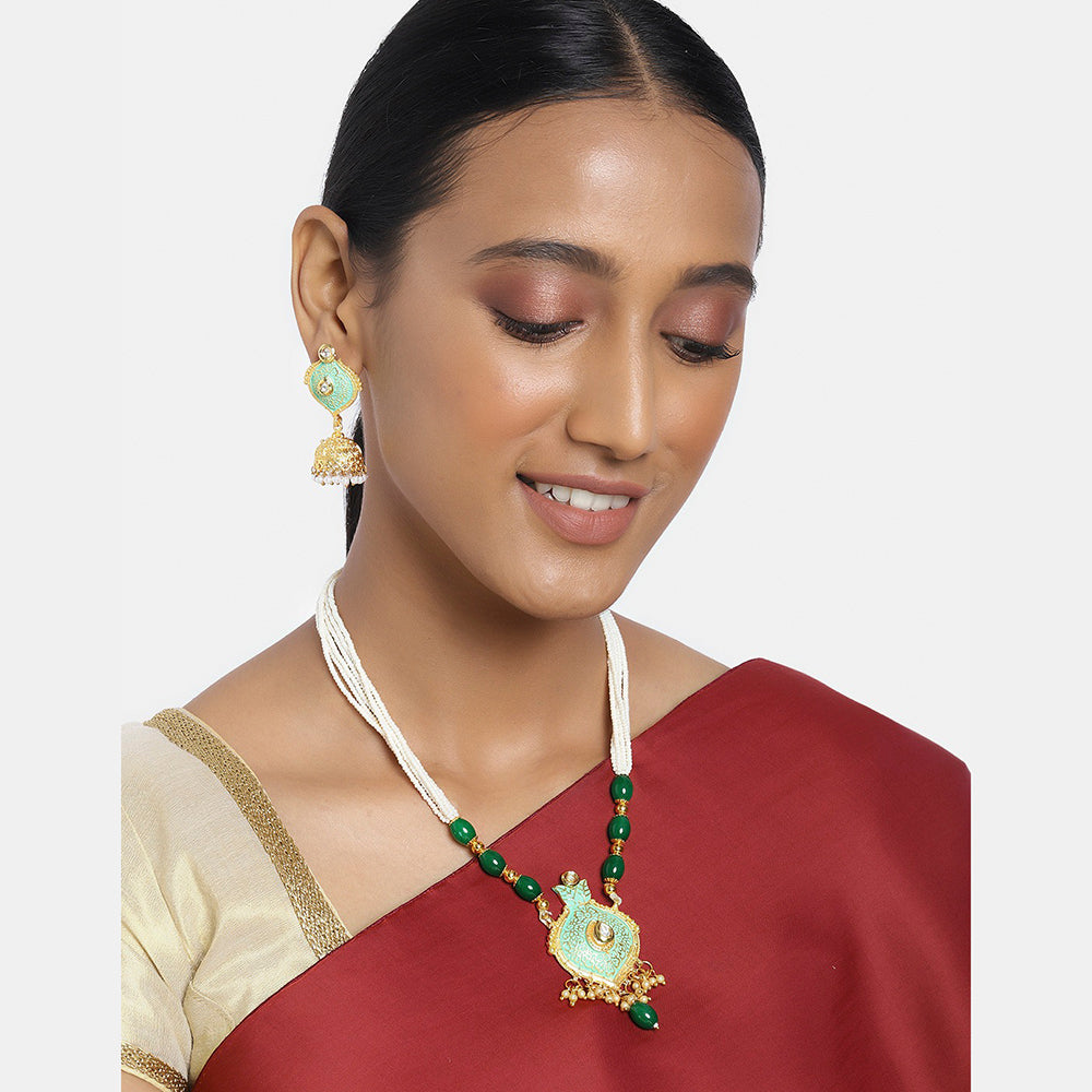 Kord Store Flower Design Pearls Lariyat Green Beads Long Haram Necklace Set For Women  - KSNKE60135