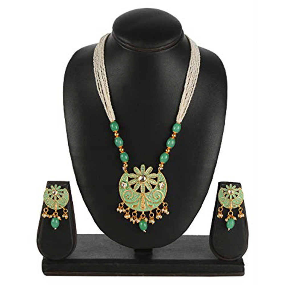 Kord Store Designer Chand Shape Pearls Lariyat Green Beads Long Haram Necklace Set For Women  - KSNKE60136