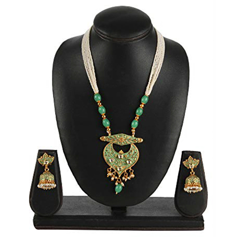 Kord Store Designer Chand Shape Pearls Lariyat Green Beads Long Haram Necklace Set For Women  - KSNKE60139
