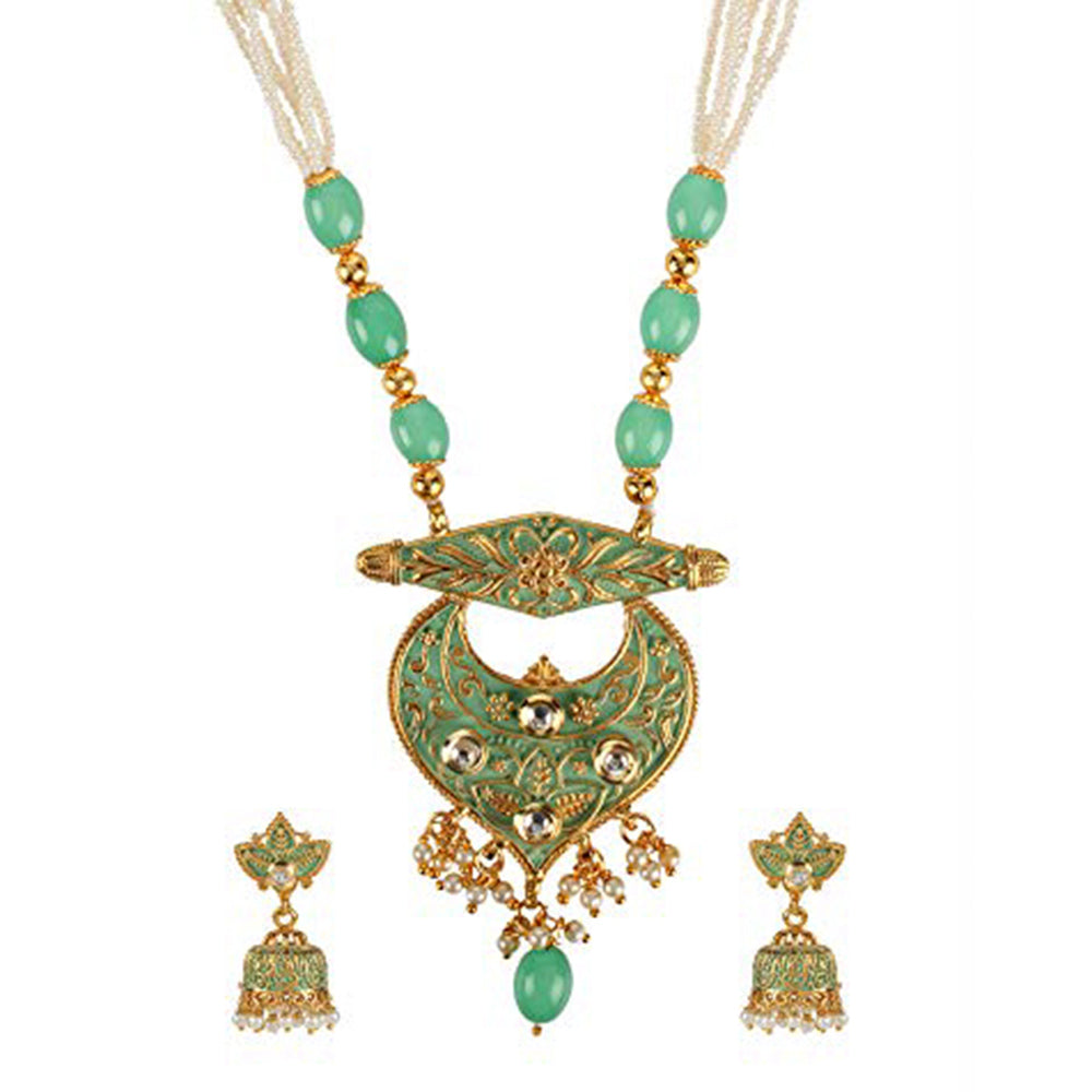 Kord Store Designer Chand Shape Pearls Lariyat Green Beads Long Haram Necklace Set For Women  - KSNKE60139