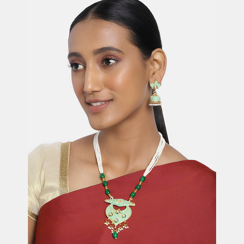 Kord Store Designer Chand Shape Pearls Lariyat Green Beads Long Haram Necklace Set For Women  - KSNKE60139
