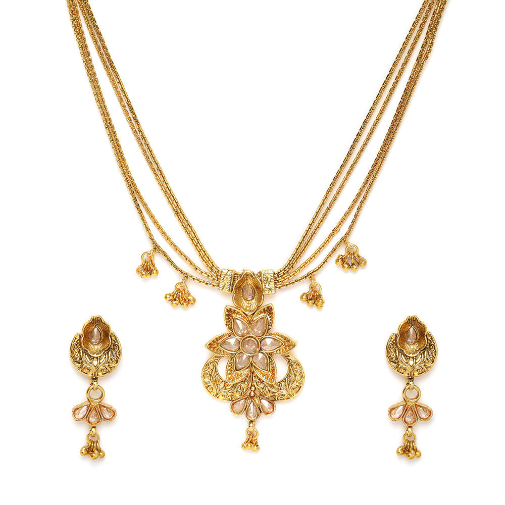 Kord Store Traditional Flower & Heart Shape 4 String Gold Plated Princess Necklace Set For Women  - KSNKE60153