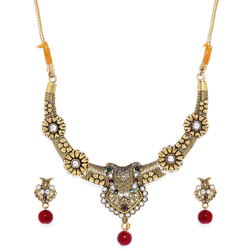 Kord Store Designer Rajwadi Design With Red Green Stone Princess Necklace Set For Women  - KSNKE60158