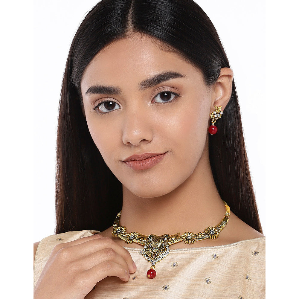Kord Store Designer Rajwadi Design With Red Green Stone Princess Necklace Set For Women  - KSNKE60158