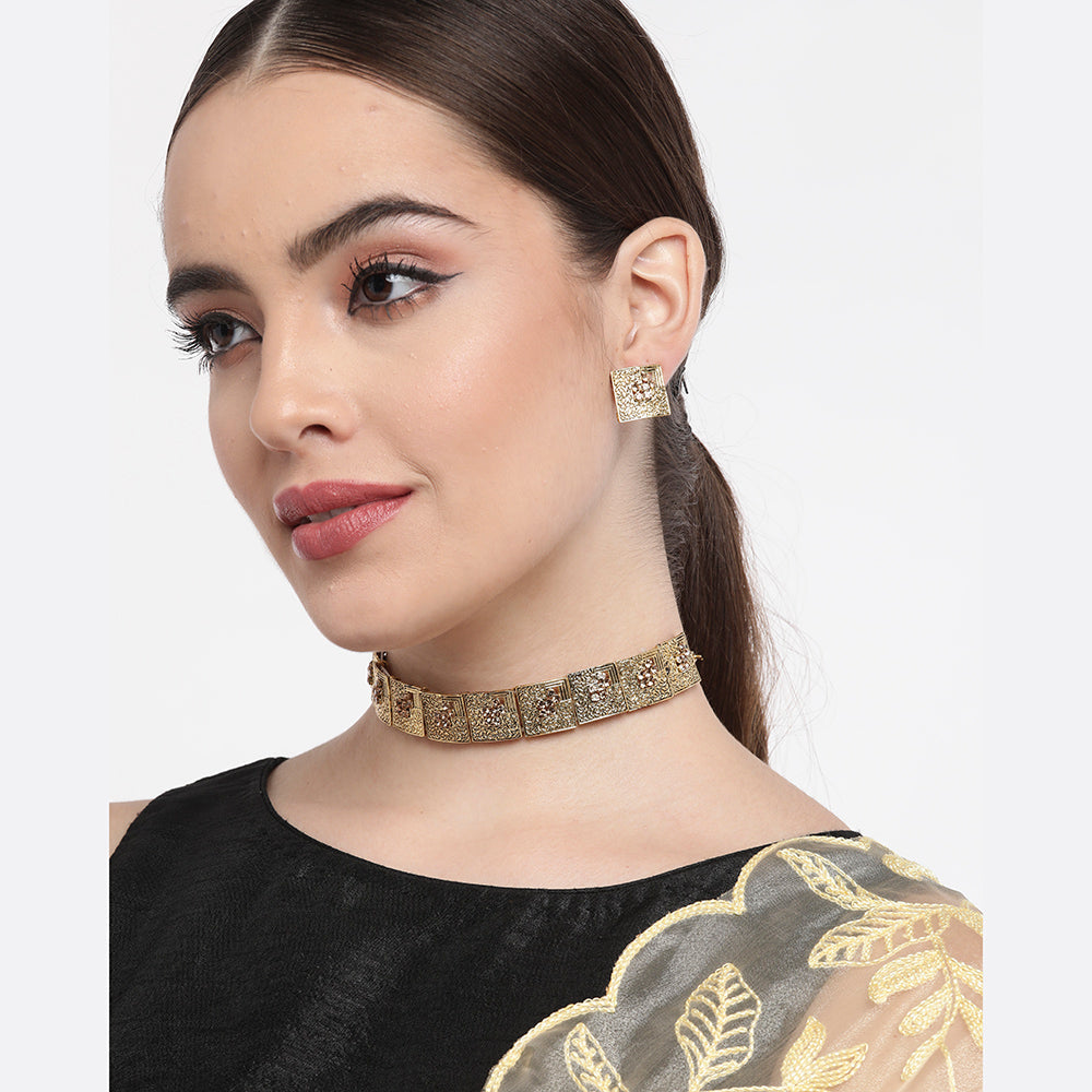 Kord Store Brilliant Gold Plated LCD Stone Collar Necklace set For Girls and Women  - KSNKE60182