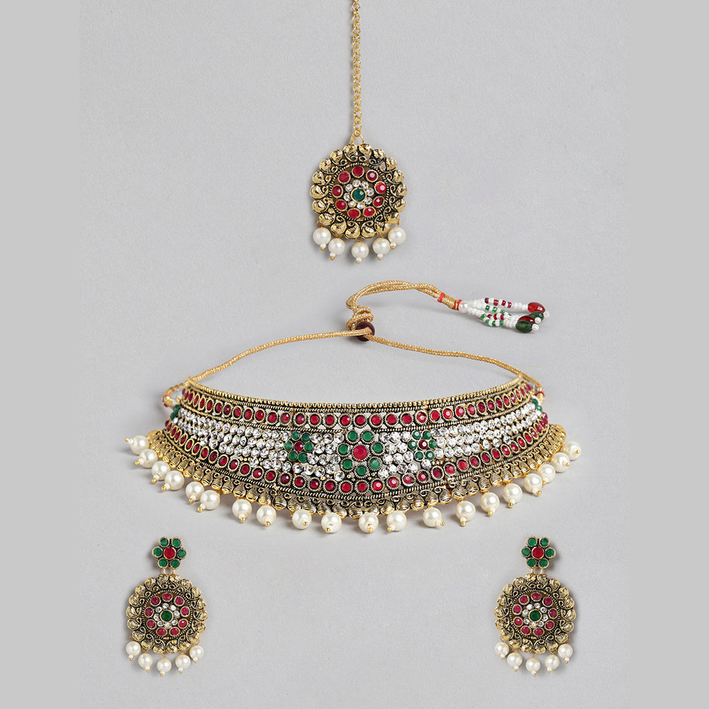 Kord Store Attractive Gold Plated Multi Stone With Pearl Choker Necklace set For Girls and Women  - KSNKE60198