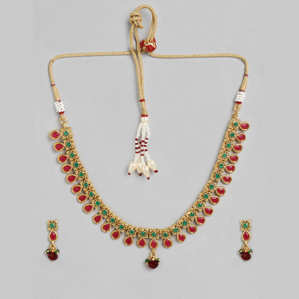 Kord Store Traditional Gold Plated Multi Color Stone Long Haram Necklace set For Girls and Women  - KSNKE60203