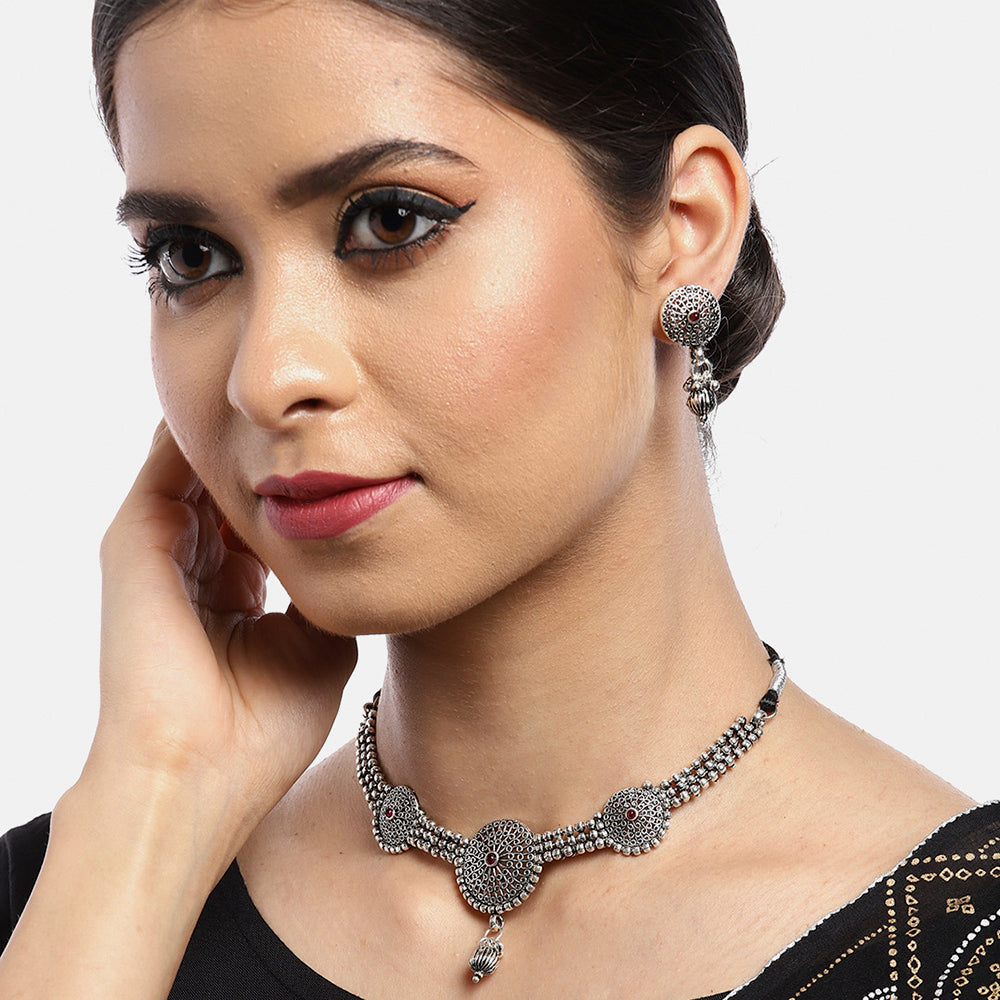 Kord Store Beautiful Oxidies Plated Round Shape Pink Stone Choker Necklace set For Girls and Women  - KSNKE60221